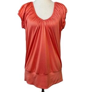 Cache Tunic Top Blouse‎ Coral Ruched Neck Short Sleeve Casual XS